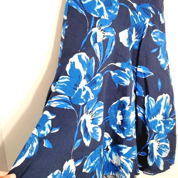 Julie Mitchell Fit Flare Maxi Skirt Blue Tropical Floral Linen Blend Lighweight - Picture 2 of 10